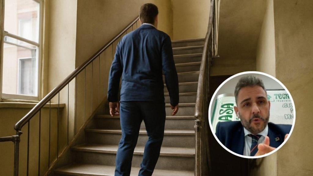 Montaje con persona subiendo escaleras y Moisés Hernández, experto inmobiliario.