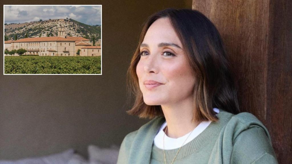 Tamara Falcó en una imagen de redes sociales junto a una fotografía del exterior de Abadía Retuerta