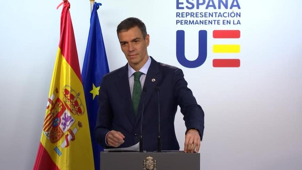 El presidente del Gobierno, Pedro Sánchez, en la rueda de prensa posterior a la reunión del Consejo de Europa en Bruselas.