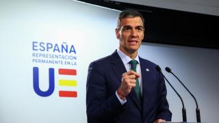 El presidente del Gobierno, Pedro Sánchez, durante la rueda de prensa de este jueves en Bruselas