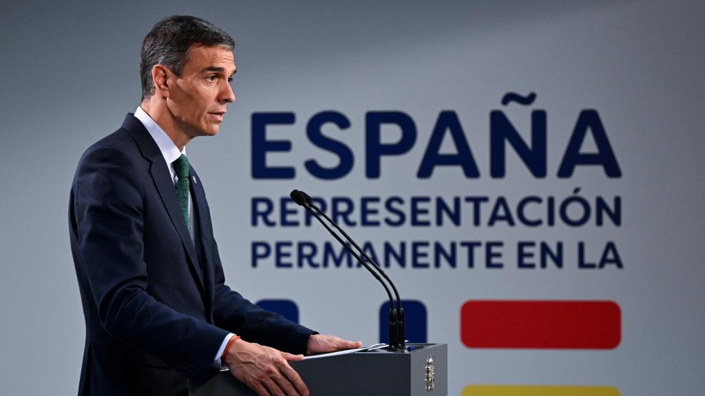 El presidente Pedro Sánchez, durante la rueda de prensa de este jueves en Bruselas