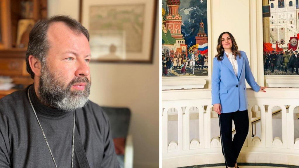 Andrey Kordochkin, fotografiado en su nueva vida en Alemania y, a la derecha, la propagandista rusa Victoria Samoylova que dirigió su linchamiento público.