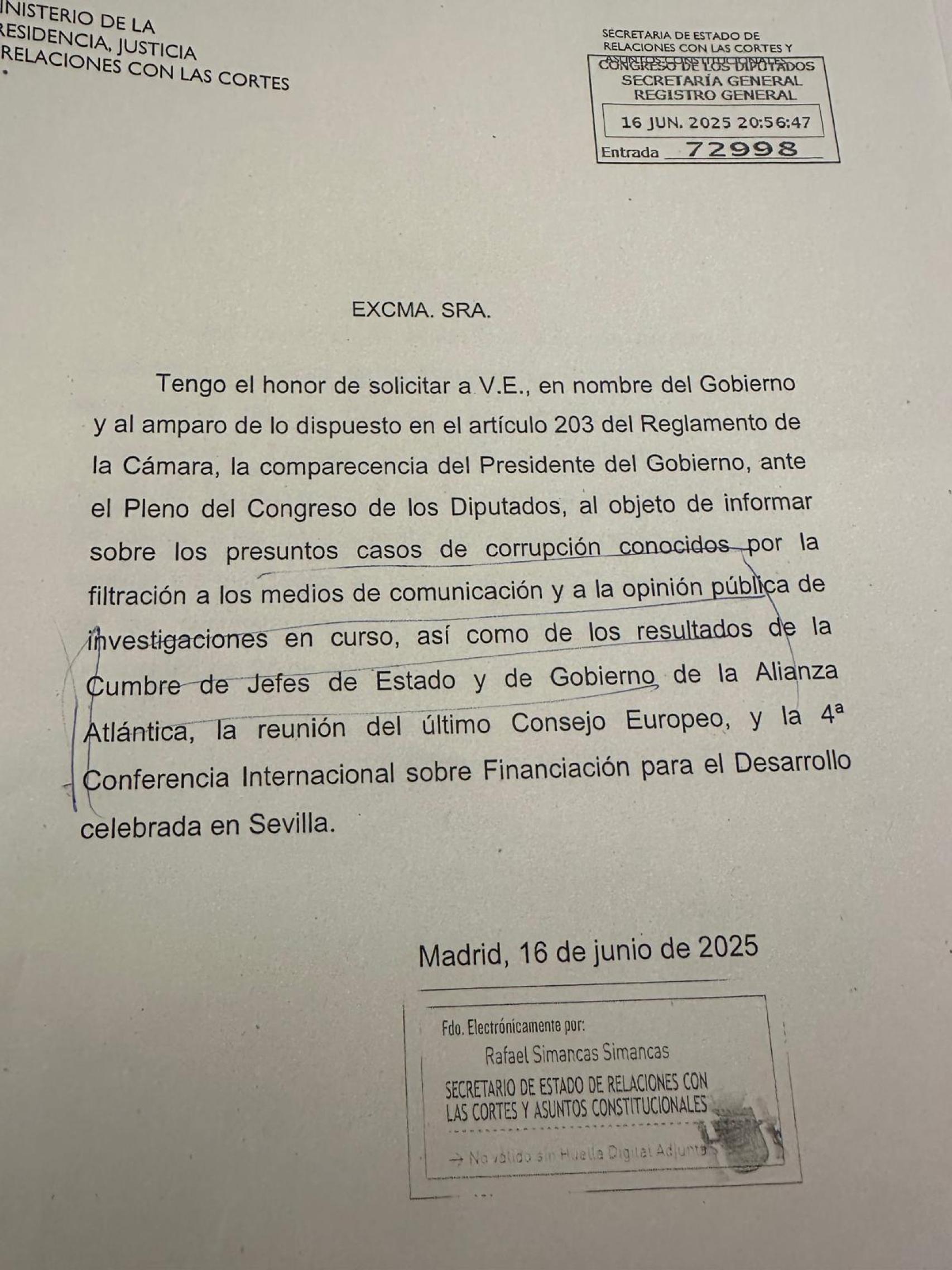 Solicitud de comparecencia de Pedro Sánchez en el Congreso.