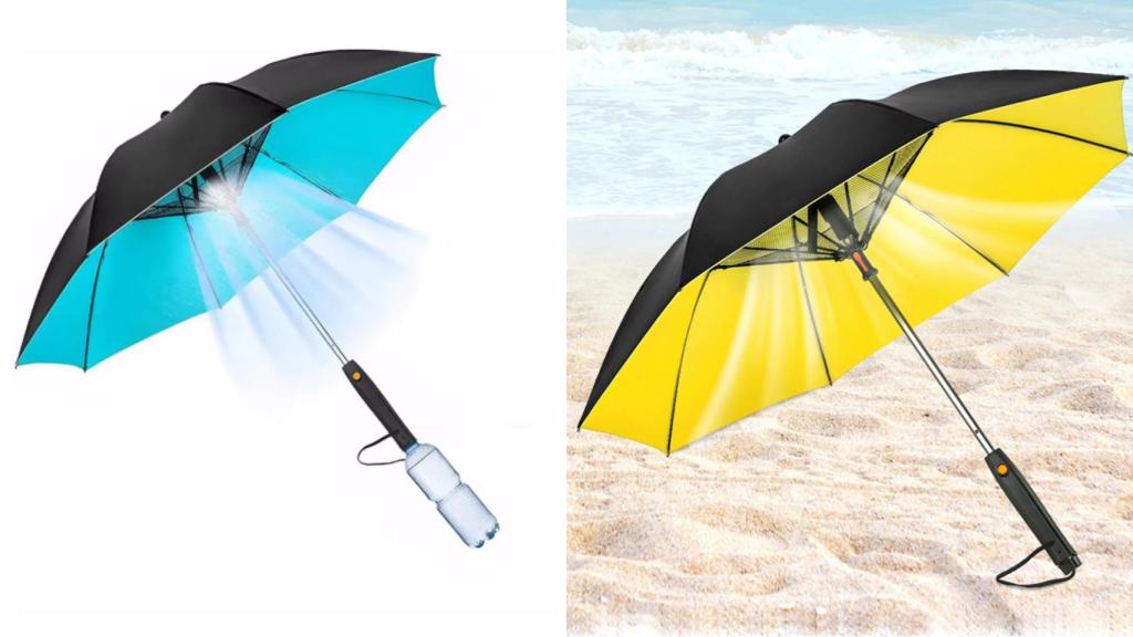 La sombrilla con ventilador de nebulización.