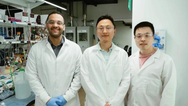 Ahmad Elgazzar, estudiante de posgrado, Haotian Wang, profesor asociado de ingeniería química y biomolecular; y  Shaoyun Hao, investigador asociado