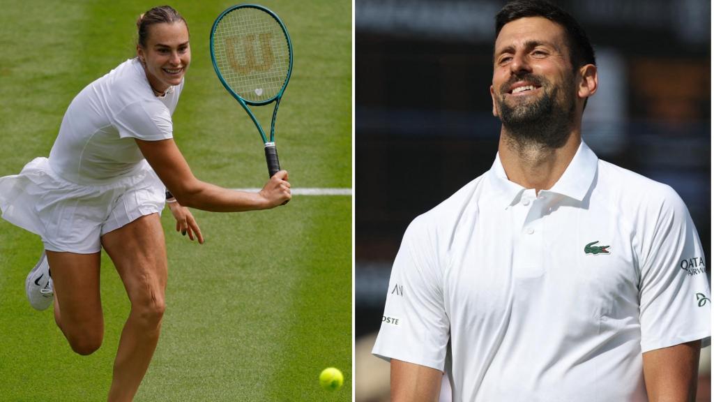 Sabalenka y Djokovic en un calentamiento.
