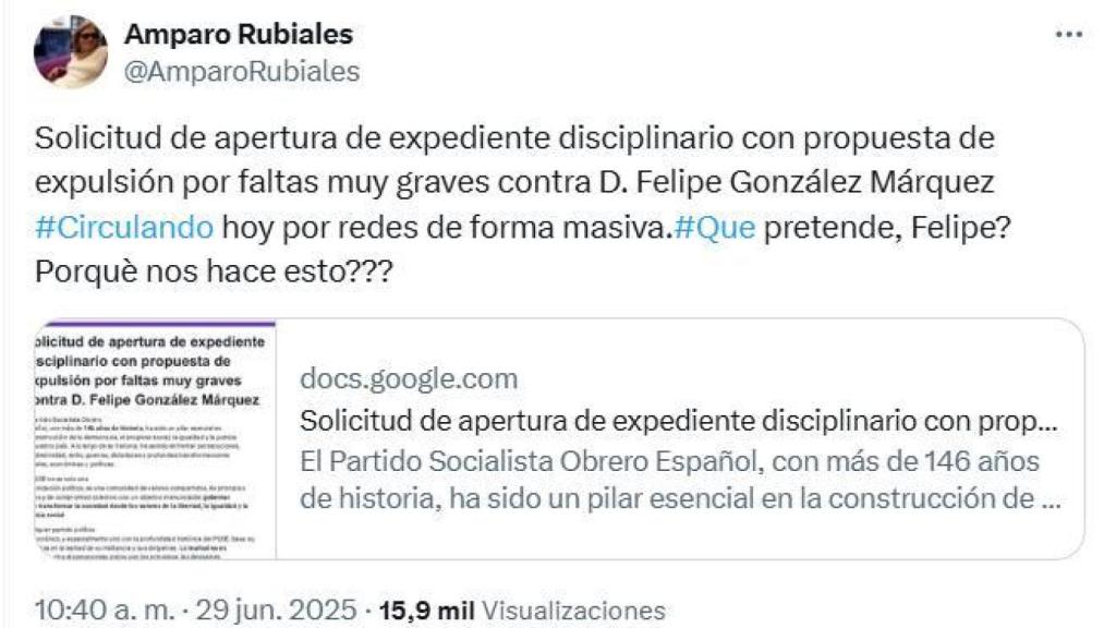 El mensaje difundido por Amparo Rubiales este domingo en la red social X.