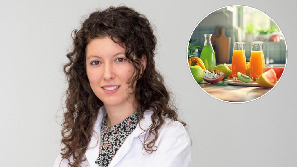 La nutricionista Laura Moya junto a una imagen de varias frutas