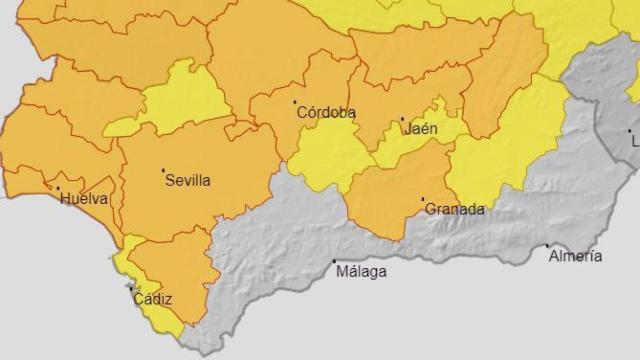 Mapa de la Aemet de los avisos por calor en Andalucía.