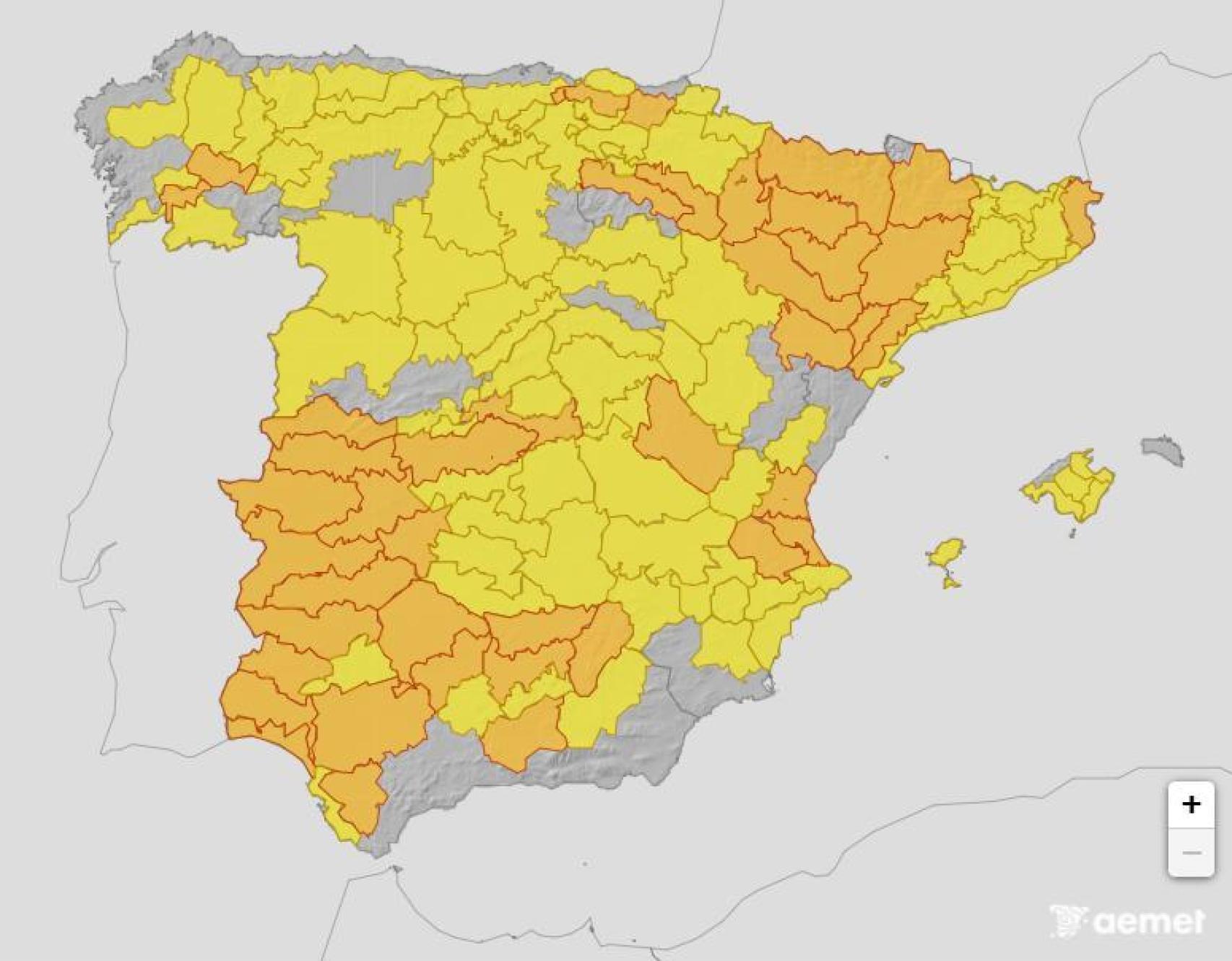Mapa de los avisos de la Aemet por altas temperaturas en toda España.