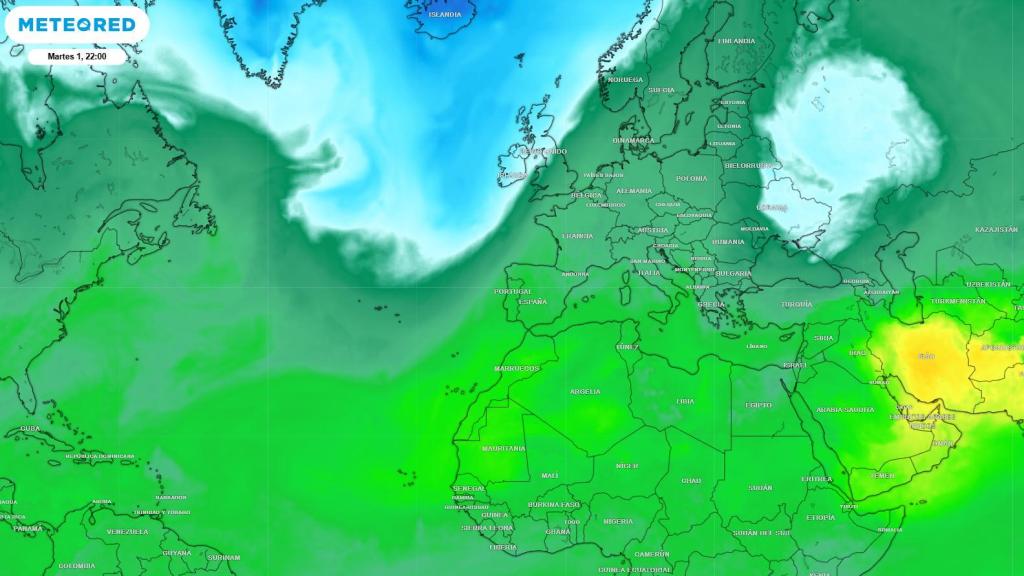 La aproximación de masas de aire más frío y húmedo el martes por la tarde. Meteored.