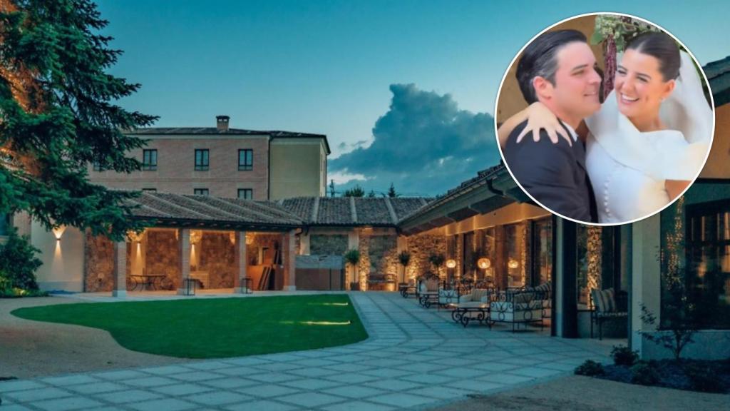 Finca Los Jazmines de Segovia junto a una foto de la boda de Ana de Miguel y Álvaro Aguiar