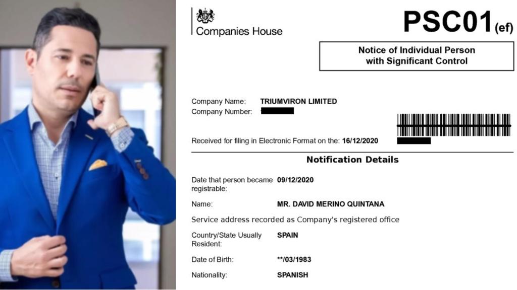 En la izquierda, David Merino, a quien la Guardia Civil señala como líder de la criptoestafa 'FX Winning'. En la derecha, un documento del gobierno británico en el que aparece como máximo accionista de una de las empresas que liquidó hace unos meses.