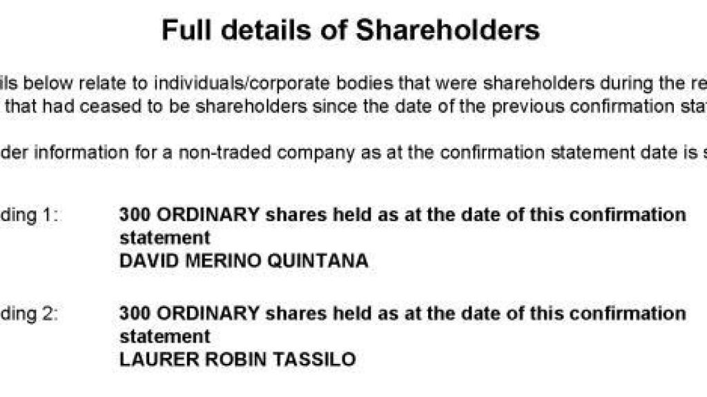 En diciembre de 2020, David Merino y Robin Laurer figuraban como coaccionistas al 50 % de Triumviron Limited, según consta en el registro mercantil británico. Un año después, Laurer transfirió sus acciones y Merino quedó como único propietario.