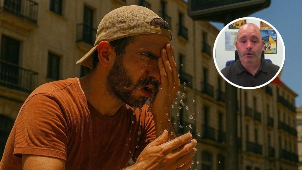 Montaje con hombre refrescándose en la ola de calor y Rubén Del Campo, portavoz de la Aemet.