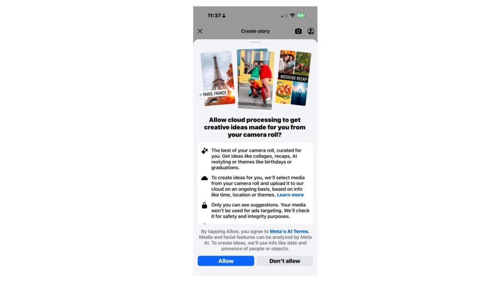 Captura de la función de IA de Facebook con imágenes privadas