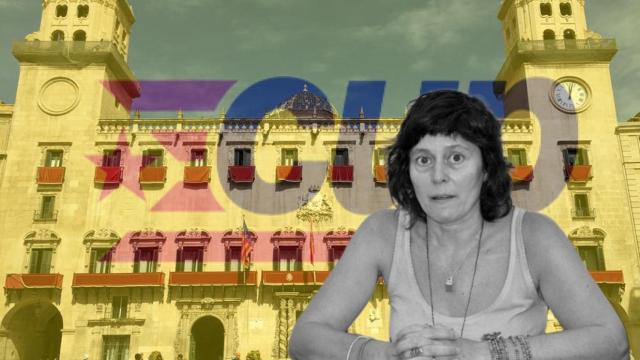 La diputada de la CUP en el Parlamento catalán Pilar Castillejo sobre una imagen del Ayuntamiento de Alicante.