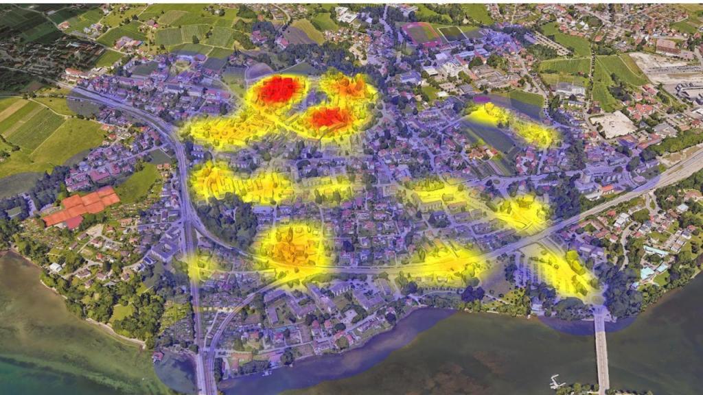 Mapa proporcionado por Libelium donde aparecen en rojo las islas de calor en un entorno urbano.