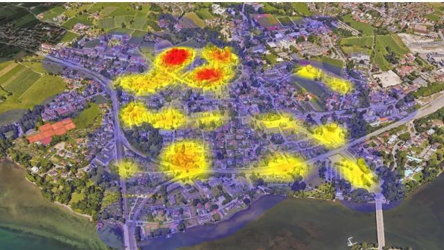 Mapa proporcionado por Libelium donde aparecen en rojo las islas de calor en un entorno urbano.