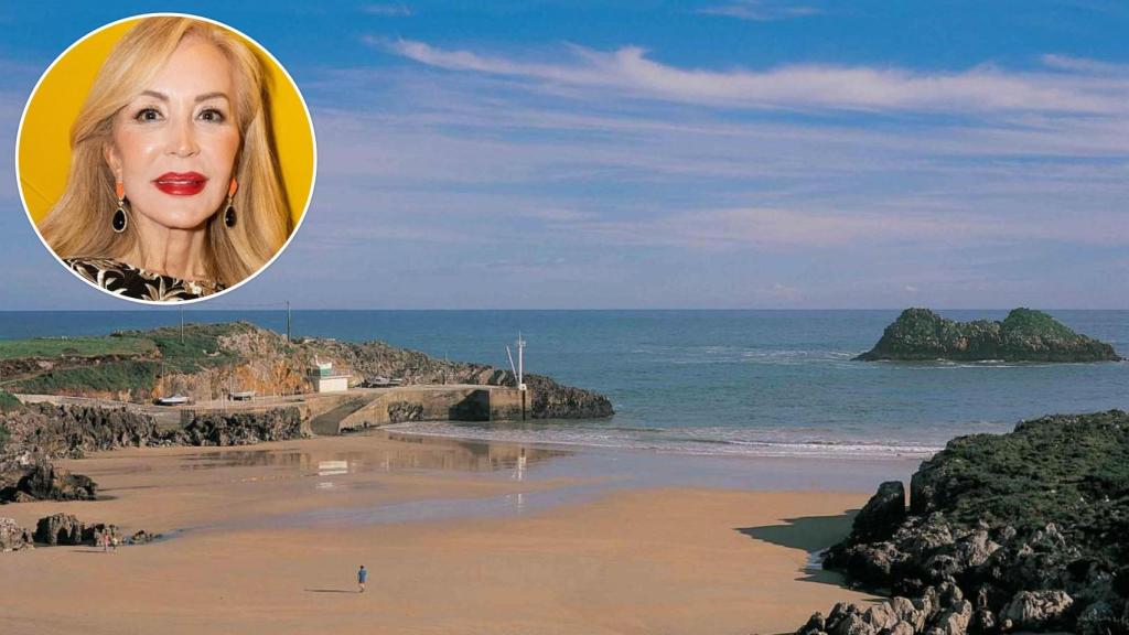 La playa de Palombina (Asturias) junto a una imagen de Carmen Lomana de redes sociales