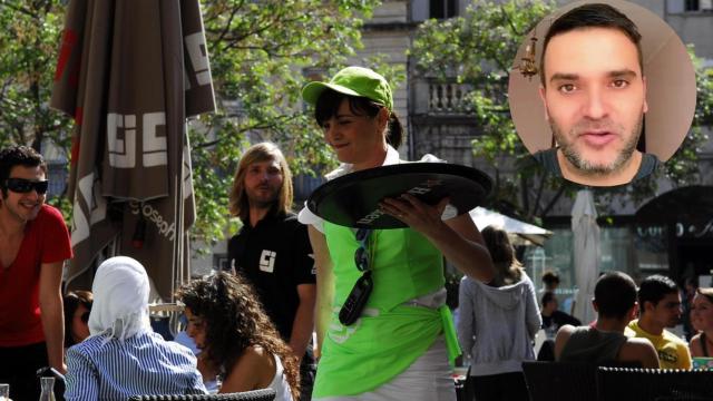 Montaje de Jesús Soriano con una camarera sirviendo mesas.