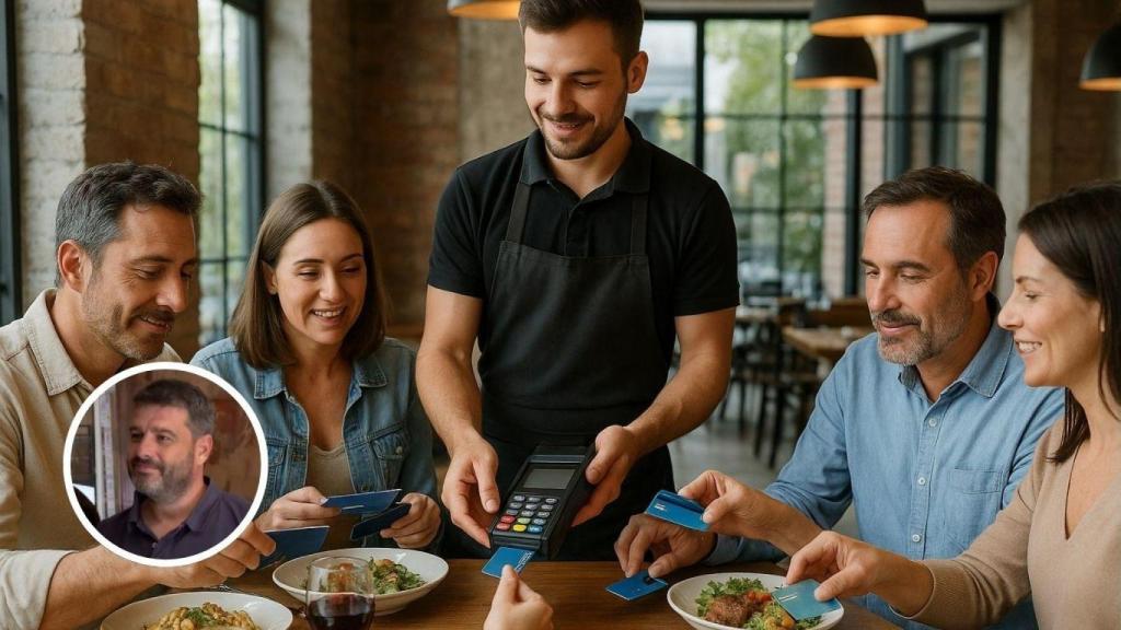 Montaje con un grupo de clientes pagando por separado y Kike Júlvez, CEO de Grupo Tándem.