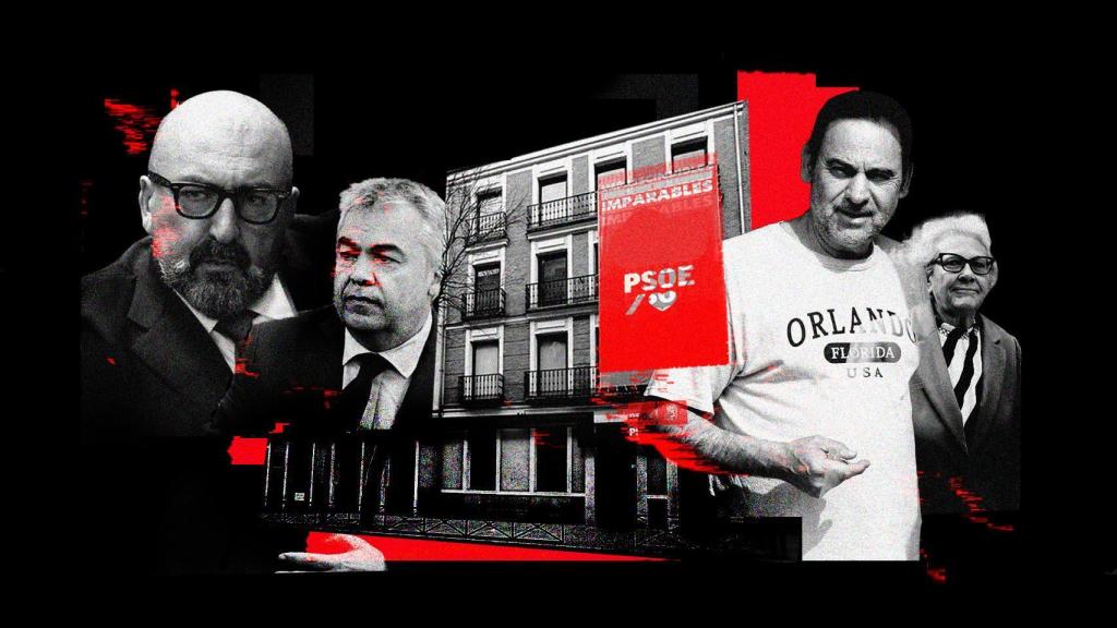 Santos Cerdán, José Luis Ábalos, Koldo García y Carmen Pano, en una ilustración frente a la sede del PSOE en la calle Ferraz.