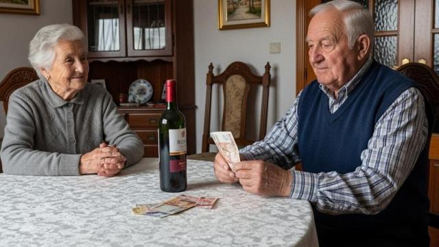 Una pareja de jubilados tomando vino y contando dinero.