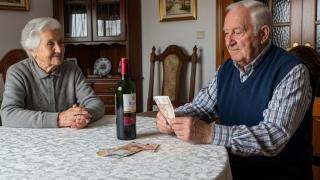 Una pareja de jubilados tomando vino mientras cuentan billetes.