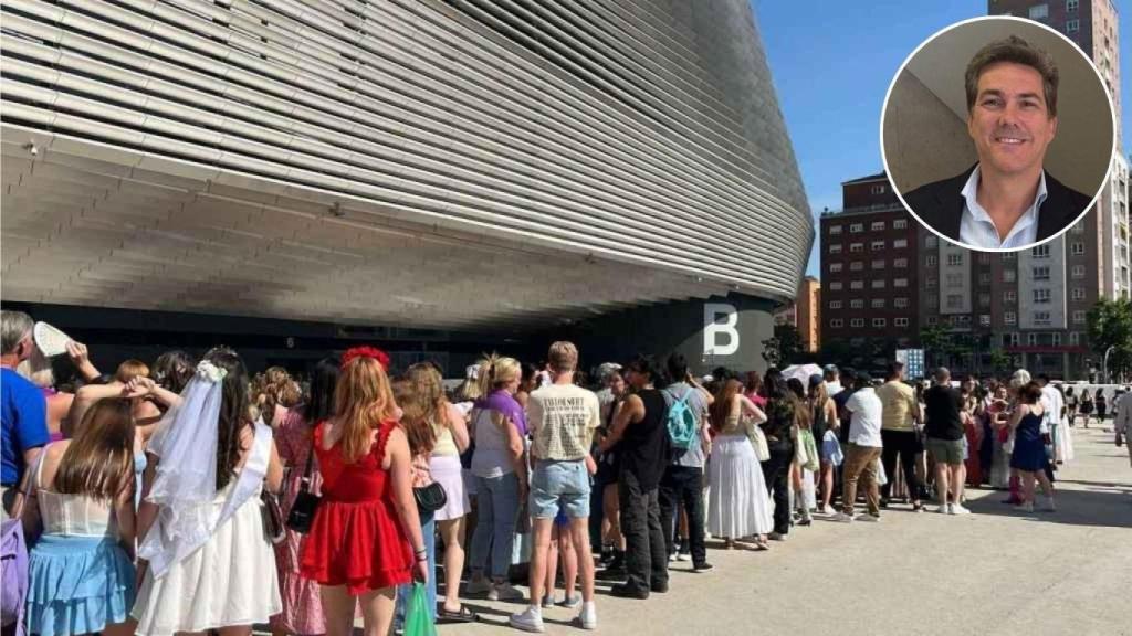Montaje de Gustavo Martínez en una cola de gente esperando a entrar a un concierto de Taylor Swift en el Santiago Bernabéu.