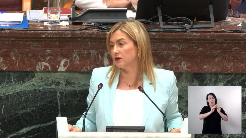 La portavoz del PSRM, Carmina Fernández, expresa su rechazo al proyecto de presupuestos autonómicos este jueves en la Asamblea Regional.