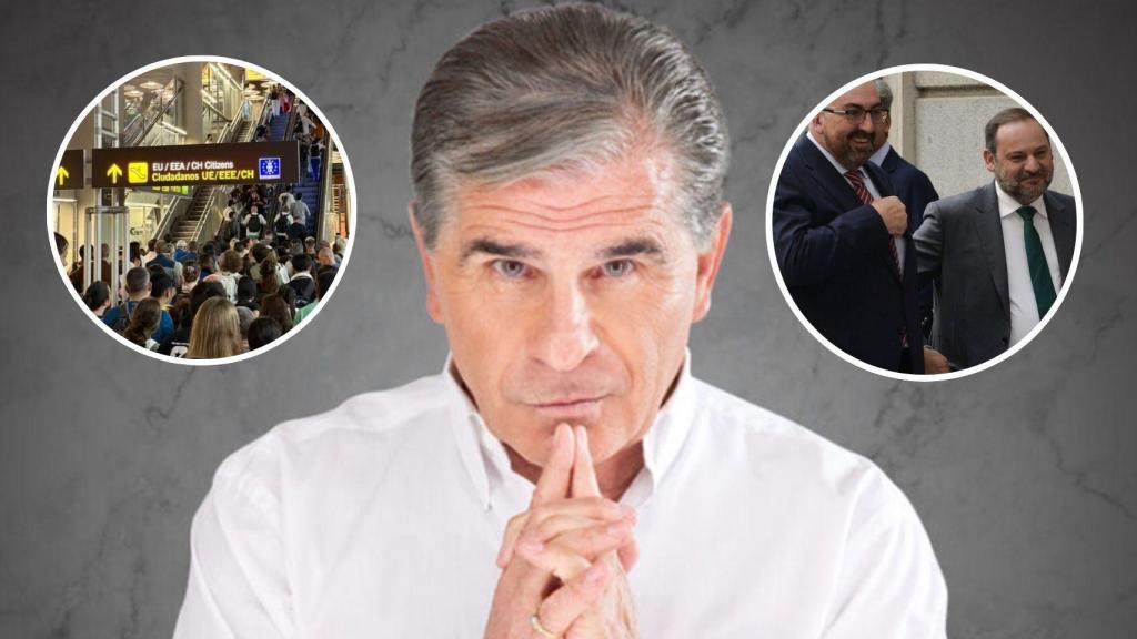 Pedro Ruiz, en un fotomontaje, junto al Aeropuerto de Barajas y Koldo y Ábalos