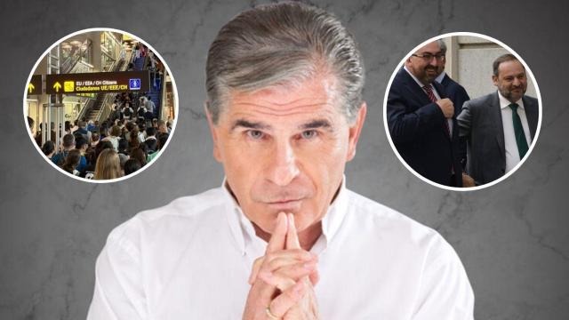 Pedro Ruiz, en un fotomontaje, junto al Aeropuerto de Barajas y Koldo y Ábalos