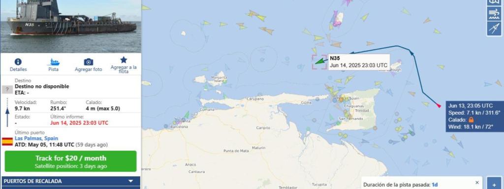 Esta es la ruta que hizo el N35 hasta el 14 de junio cuando fue interceptado por la Armada venezolana.