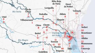 Mapa de los fallecidos en la dana, por municipios y cuencas. Arte EE
