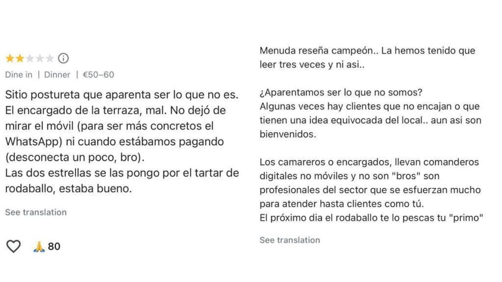 Reseña del cliente insatisfecho (izquierda) y respuesta del dueño del restaurante (derecha)