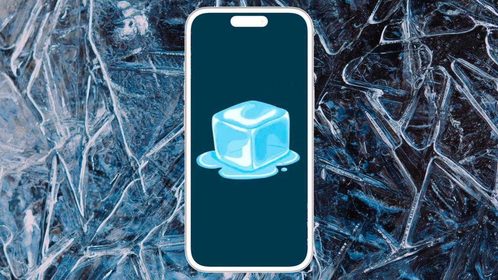 Fotomontaje con el icono de la app, un iPhone y un fondo de hielo.