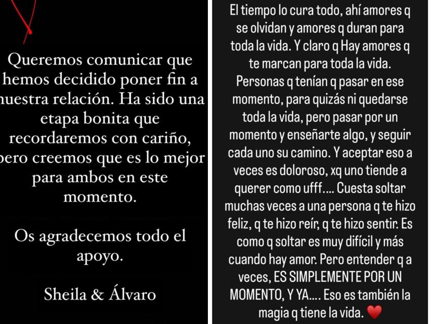 Comunicados de Sheila Casas y Álvaro Escassi en Instagram.
