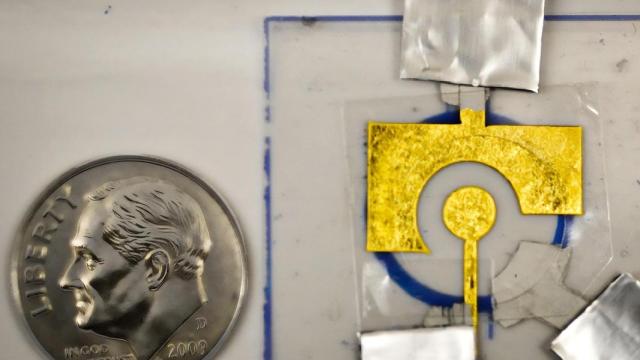 A la derecha, el sensor recubierto con polímero, del tamaño aproximado de una moneda