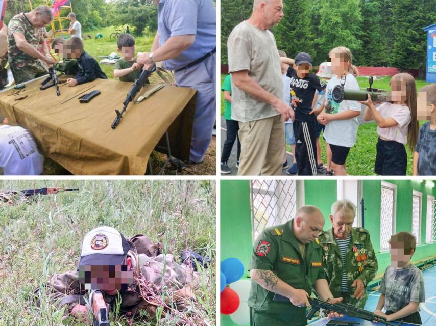 Espeluznantes fotografías de los cosacos familiarizando con las armas y adoctrinando a pequeños niños rusos. Este tipo de imágenes se han divulgado alegremente junto a la publicidad del acto propagandístico gallego.