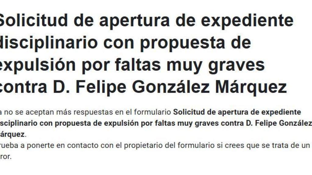 Mensaje del cierre de apoyos para la expulsión de González a través del formulario compartido por Amparo Rubiales.