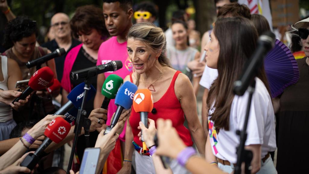 La vicepresidenta segunda del gobierno y ministra de Trabajo, Yolanda Díaz, durante la manifestación estatal del Orgullo LGTBI+ 2025.