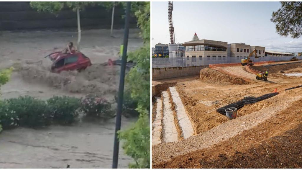 A la izquierda una mujer subida al techo de su coche el 6 de julio de 2023 y a la derecha el avance de las obras en Parque Venecia