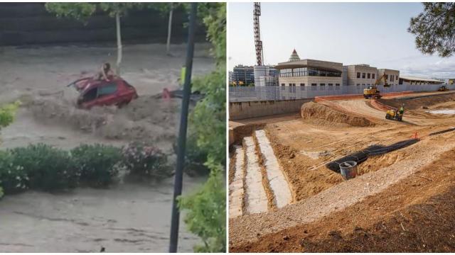 A la izquierda una mujer subida al techo de su coche el 6 de julio de 2023 y a la derecha el avance de las obras en Parque Venecia