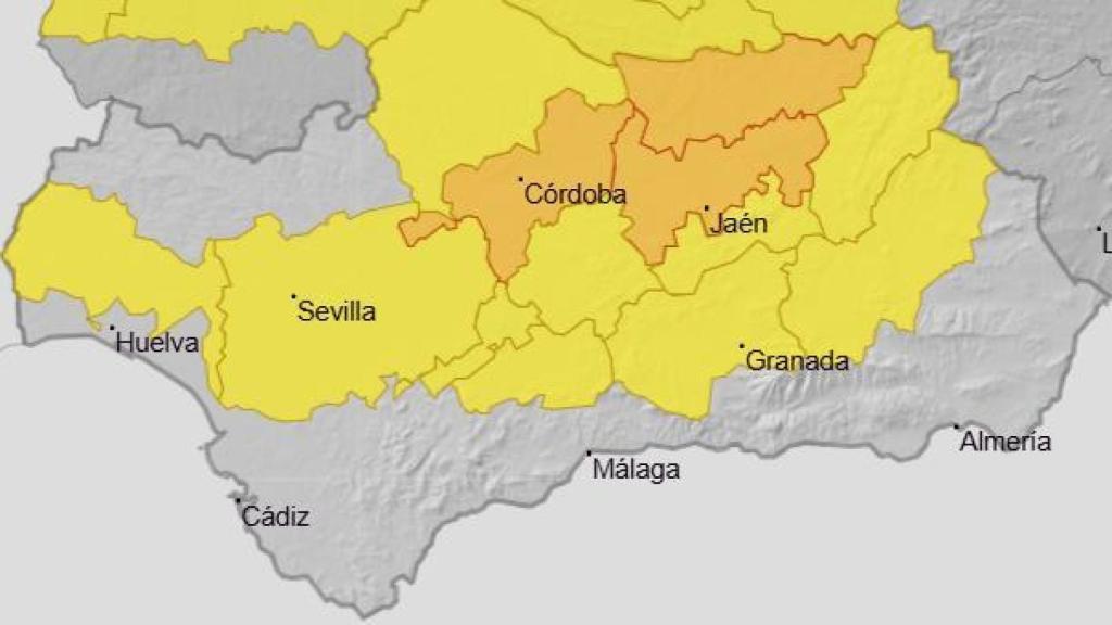 Mapa de la Aemet con los avisos por calor en Andalucía.