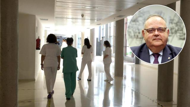 Médicos y enfermeros de Castilla y León en un hospital junto a una imagen del consejero de Sanidad, Alejandro Vázquez