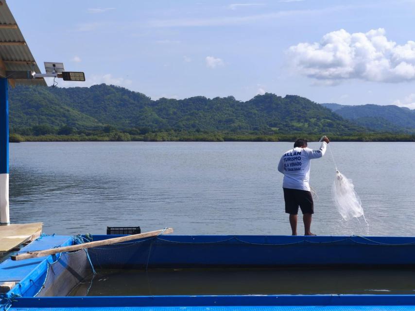 Allan Barrios pescando en el restaurante.