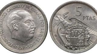 Anverso y reverso de una moneda de 5 pesetas de Franco.