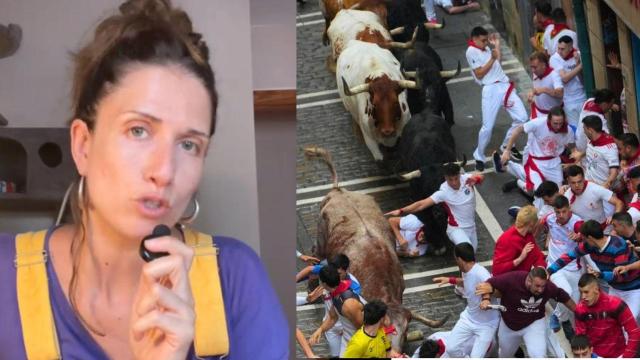 Montaje con Sanfermines 2025 y Amanda Romero, antitaurina.