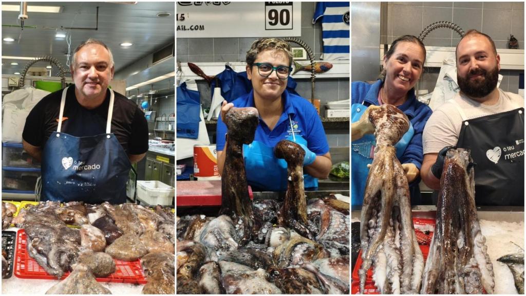 Placeros de la plaza de Lugo de A Coruña posando con ejemplares de pulpo